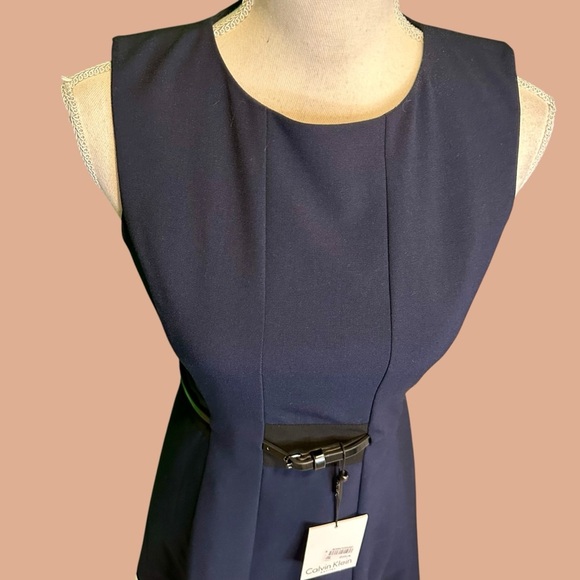 NWT Calvin Klein Fit & Flare Colorblock Belted Dress in Navy Blue & Black Stripe - Picture 5 of 16